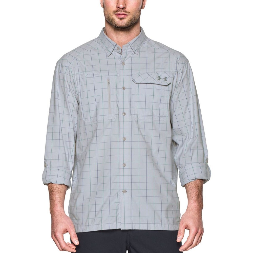 Under Armour Tide Chaser Fishing Shirt Mens Large Gray Plaid Vented Long Sleeve